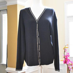 Navy cardigan sweater with white piping